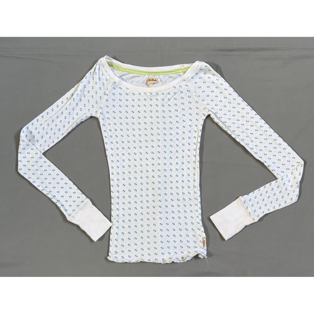 Y2K Hollister Womens XS White Polka Dot Thermal Long Sleeve Ribbed Edge Top